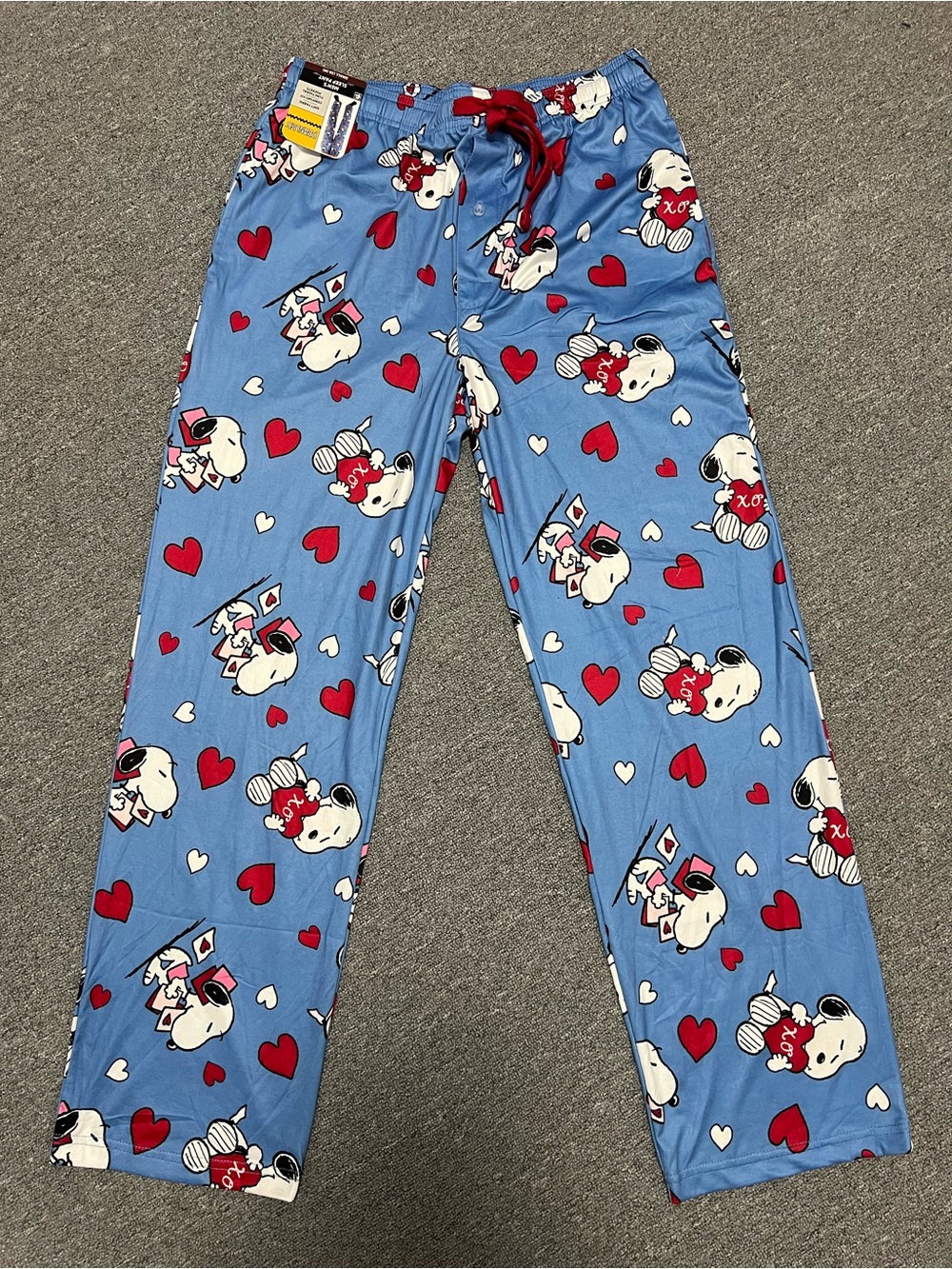 Peanuts Blue Snoopy Heart Print Pajama Bottoms with Red Drawstring Men’s S